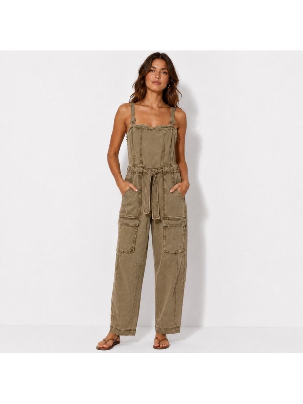 Free People Olive Utility Tie-Waist Jumpsuit
